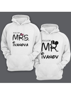 Парные толстовки с капюшоном для мужа и жены "Mr." и "Mrs." с датой свадьбы и фамилиями