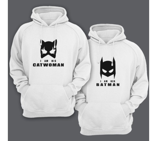 Парные толстовки с капюшоном для двоих "I am his Catwoman (Я его женщина-кошка)"/"I am her Batman (Я ее бэтмен)"