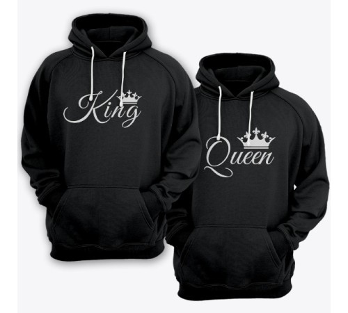 Парные толстовки с капюшоном для влюбленных с надписями "King" (Король) и  "Queen" (Королева)
