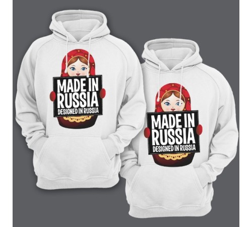 Парные толстовки с капюшоном для влюбленных с изображением матрешки "Made in Russia (Сделано в России)"