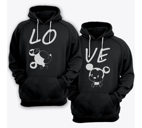 Парные толстовки с капюшоном для влюбленных  "LO" (Лю-) и  "VE" (-бовь)