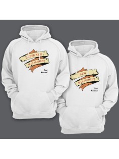 Парные толстовки с капюшоном для молодоженов "Under new management (У меня новый начальник)"