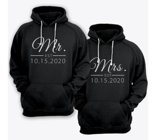 Парные толстовки с капюшоном для мужа и жены "Mr." и "Mrs." с датой свадьбы