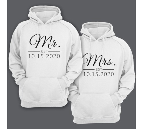Парные толстовки с капюшоном для мужа и жены "Mr." и "Mrs." с датой свадьбы