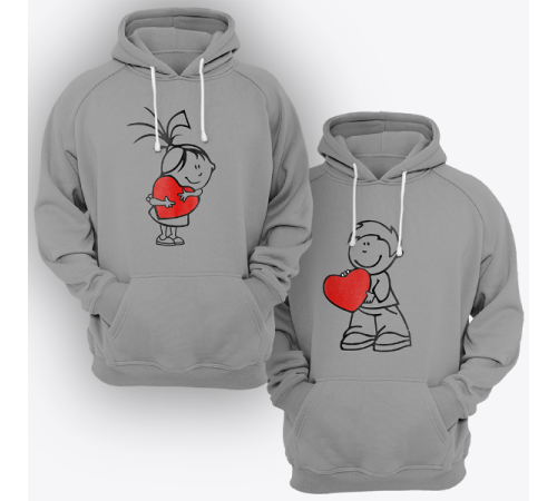 Парные толстовки с капюшоном для двоих "Девочка и мальчик с сердечками"
