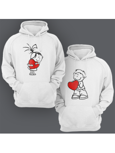 Парные толстовки с капюшоном для двоих "Девочка и мальчик с сердечками"