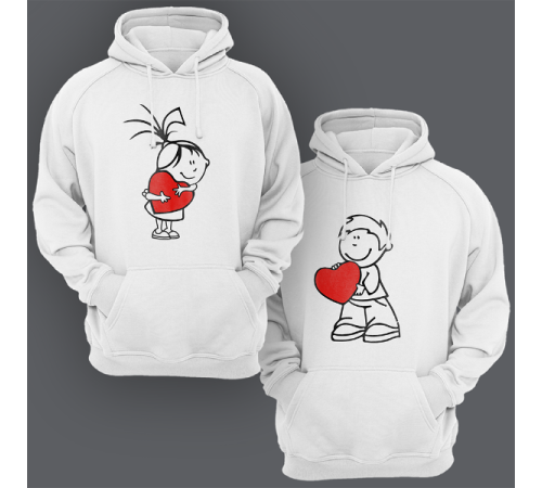 Парные толстовки с капюшоном для двоих "Девочка и мальчик с сердечками"