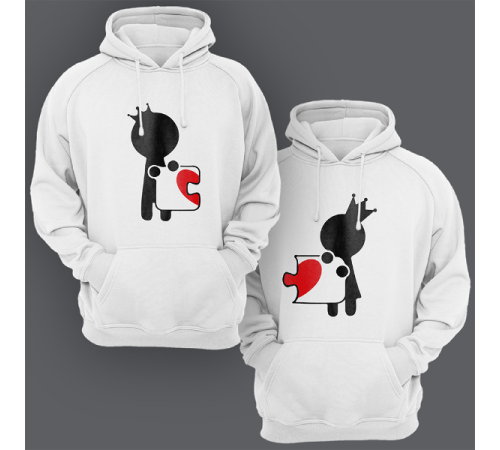 Парные толстовки с капюшоном для двоих "Человечки соединяющие сердце-пазл"