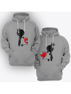 Парные толстовки с капюшоном для двоих "Человечки соединяющие сердце-пазл"