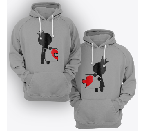 Парные толстовки с капюшоном для двоих "Человечки соединяющие сердце-пазл"