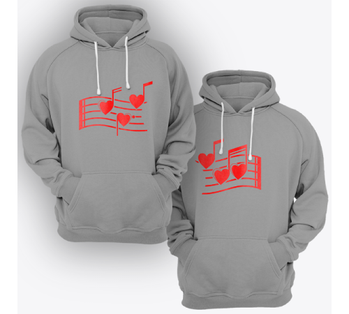 Парные толстовки с капюшоном для двоих "Нотки-сердечки"