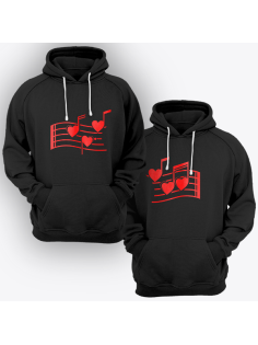 Парные толстовки с капюшоном для двоих "Нотки-сердечки"