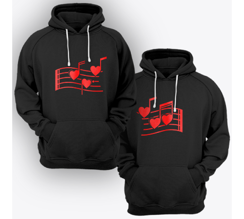 Парные толстовки с капюшоном для двоих "Нотки-сердечки"