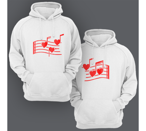 Парные толстовки с капюшоном для двоих "Нотки-сердечки"