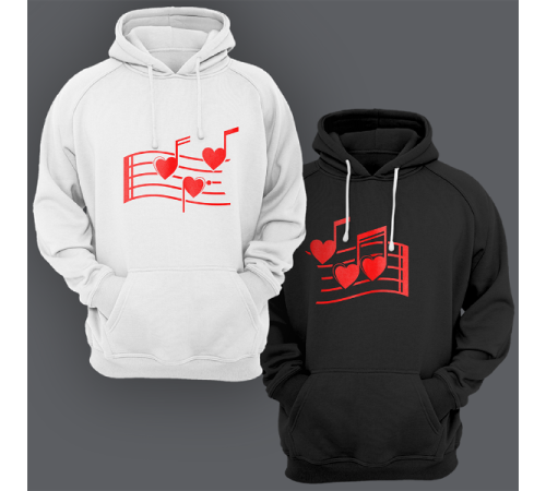 Парные толстовки с капюшоном для двоих "Нотки-сердечки"