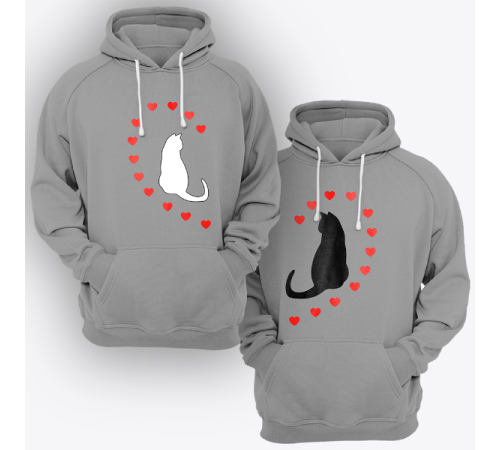 Парные толстовки с капюшоном для двоих "Кошечки и сердечки"