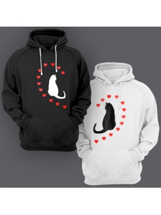Парные толстовки с капюшоном для двоих "Кошечки и сердечки"