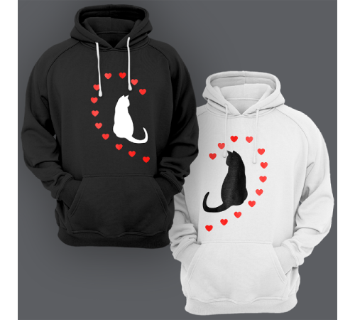 Парные толстовки с капюшоном для двоих "Кошечки и сердечки"