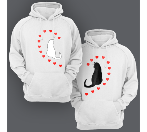 Парные толстовки с капюшоном для двоих "Кошечки и сердечки"
