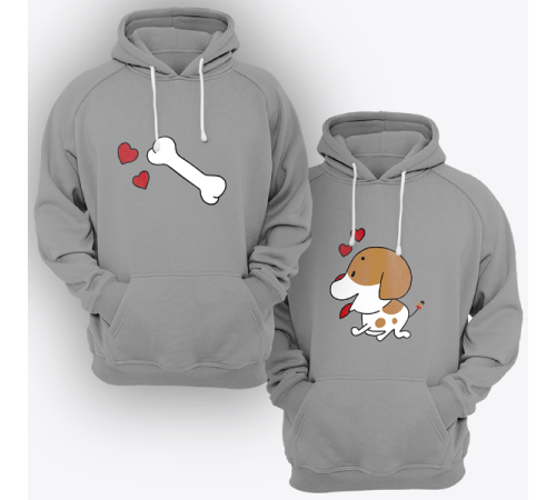 Парные толстовки с капюшоном для двоих "Собачка и любимая косточка"