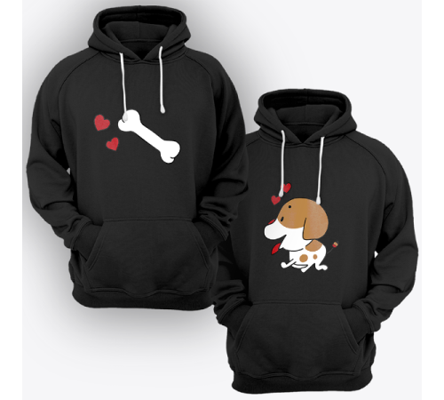 Парные толстовки с капюшоном для двоих "Собачка и любимая косточка"
