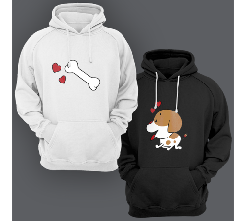 Парные толстовки с капюшоном для двоих "Собачка и любимая косточка"