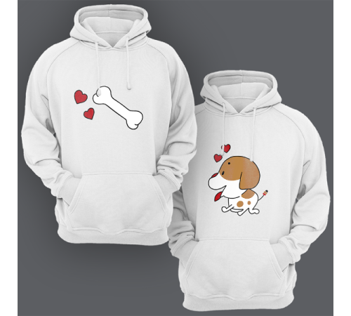 Парные толстовки с капюшоном для двоих "Собачка и любимая косточка"