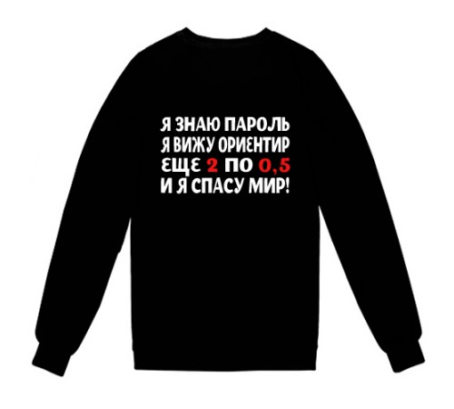 Свитшот с надписью "Я знаю пароль, я вижу ориентир, еще 2 по 0,5 и Я СПАСУ МИР"