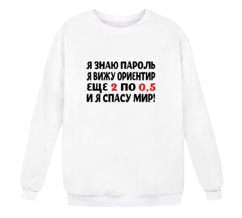Свитшот с надписью "Я знаю пароль, я вижу ориентир, еще 2 по 0,5 и Я СПАСУ МИР"