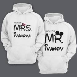 Парные толстовки с капюшоном для мужа и жены "Mr." и "Mrs." с датой свадьбы и фамилиями