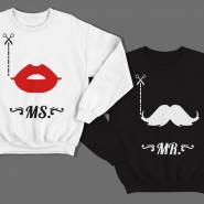 Парные свитшоты для влюбленных с изображениями губ и усов и надписями "Mr" и "Ms"
