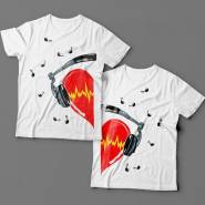 Парные футболки для влюбленных с сердцем в наушниках