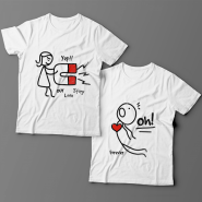 Парные футболки для влюбленных с изображениями человечков и надписью  "Our love story" ("История нашей любви")