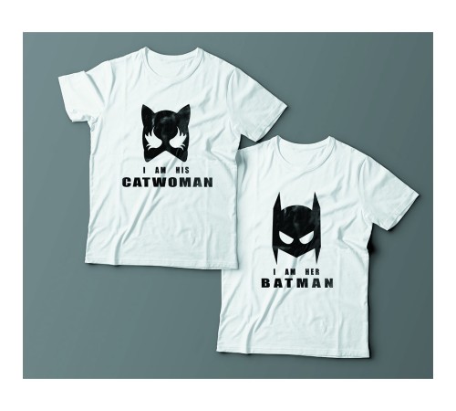 Парные футболки для влюбленных "I am his Catwoman (Я его женщина-кошка)"/"I am her Batman (Я ее бэтмен)"